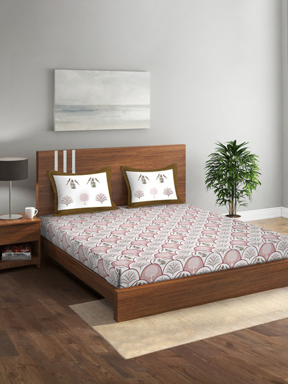 White and Peach Cotton Jaipur Floral Print King Size Bedsheet with 2 Pillow Covers