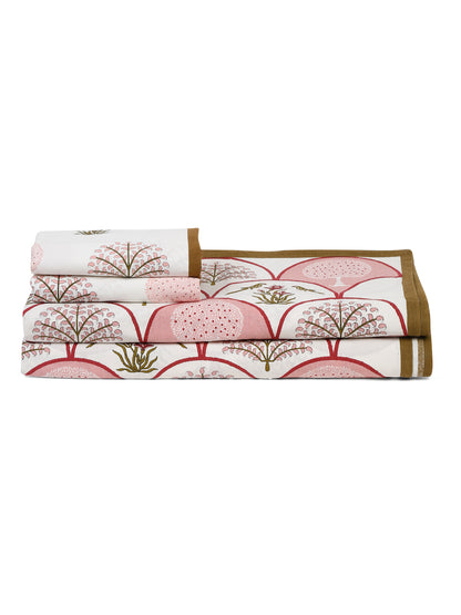 White and Peach Cotton Jaipur Floral Print King Size Bedsheet with 2 Pillow Covers