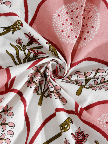 White and Peach Cotton Jaipur Floral Print King Size Bedsheet with 2 Pillow Covers