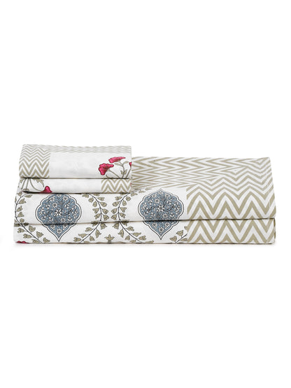 White and Grey Cotton Jaipur Floral Print King Size Bedsheet with 2 Pillow Covers
