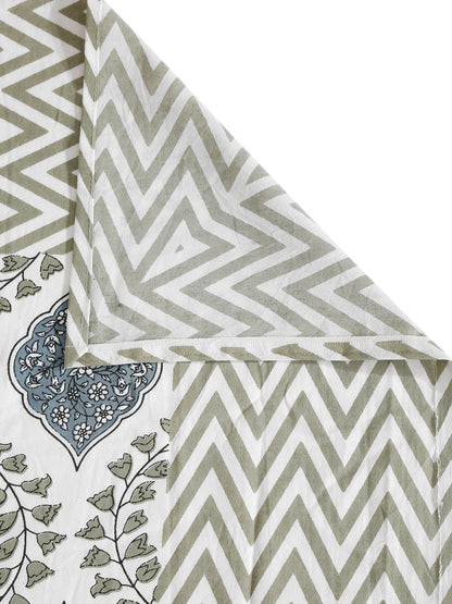 White and Grey Cotton Jaipur Floral Print King Size Bedsheet with 2 Pillow Covers