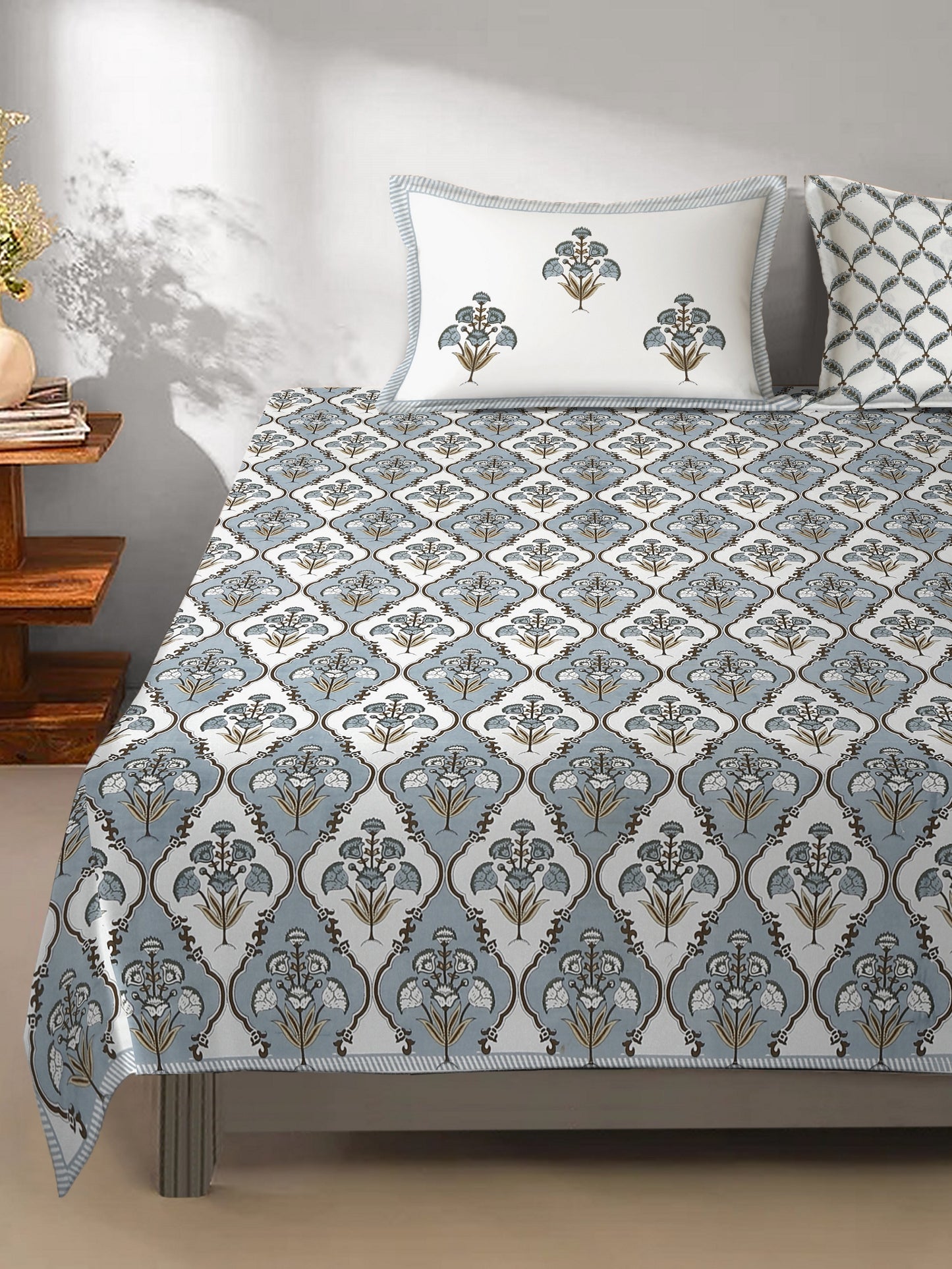 White and Grey Cotton Jaipur Print Floral King Size Bedsheet with 2 Pillow Covers