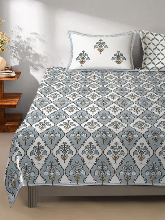 White and Grey Cotton Jaipur Print Floral King Size Bedsheet with 2 Pillow Covers