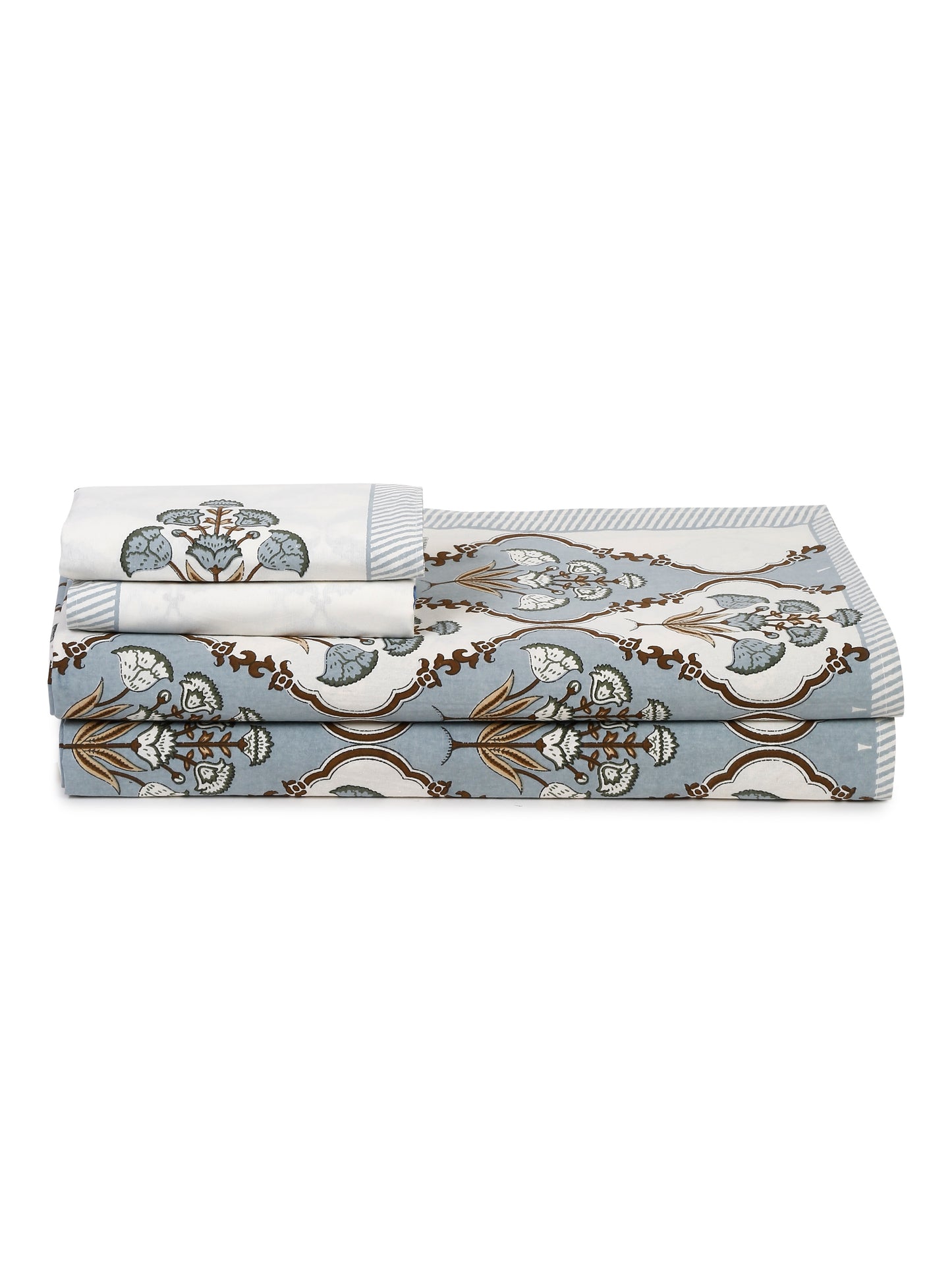 White and Grey Cotton Jaipur Print Floral King Size Bedsheet with 2 Pillow Covers