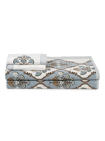 White and Grey Cotton Jaipur Print Floral King Size Bedsheet with 2 Pillow Covers