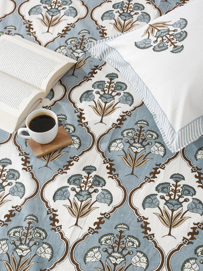 White and Grey Cotton Jaipur Print Floral King Size Bedsheet with 2 Pillow Covers