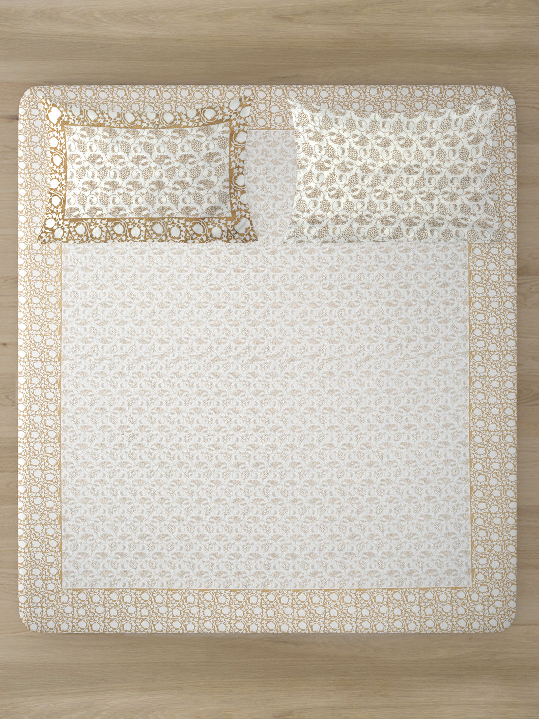 Rajasthan Decor White and Gold Cotton Floral Print King Bed sheet with 2 Pillow Covers
