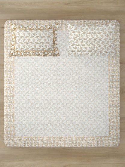 Rajasthan Decor White and Gold Cotton Floral Print King Bed sheet with 2 Pillow Covers