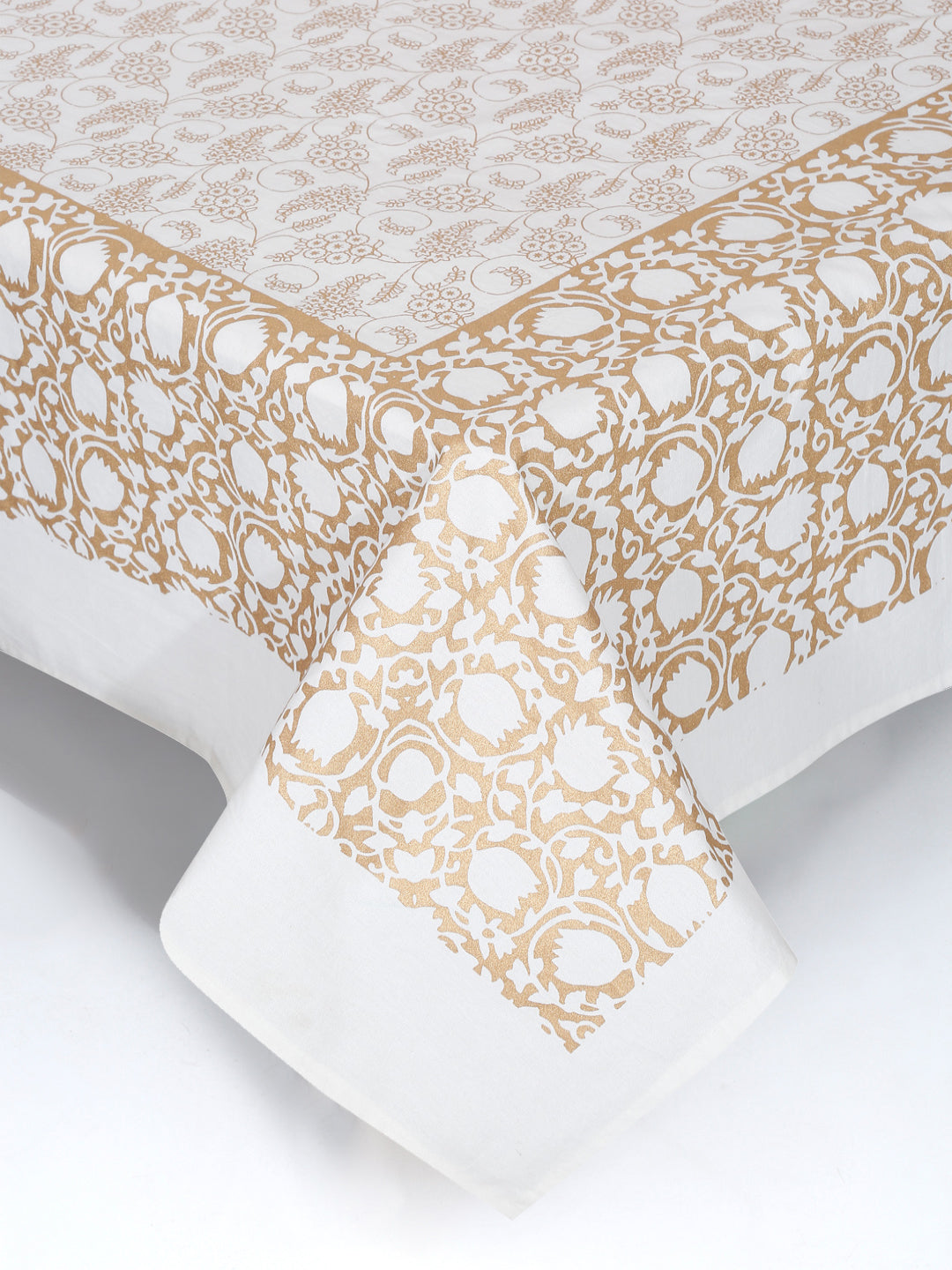 Rajasthan Decor White and Gold Cotton Floral Print King Bed sheet with 2 Pillow Covers
