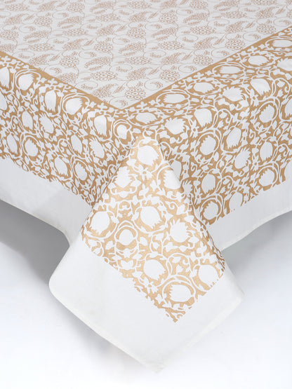 Rajasthan Decor White and Gold Cotton Floral Print King Bed sheet with 2 Pillow Covers