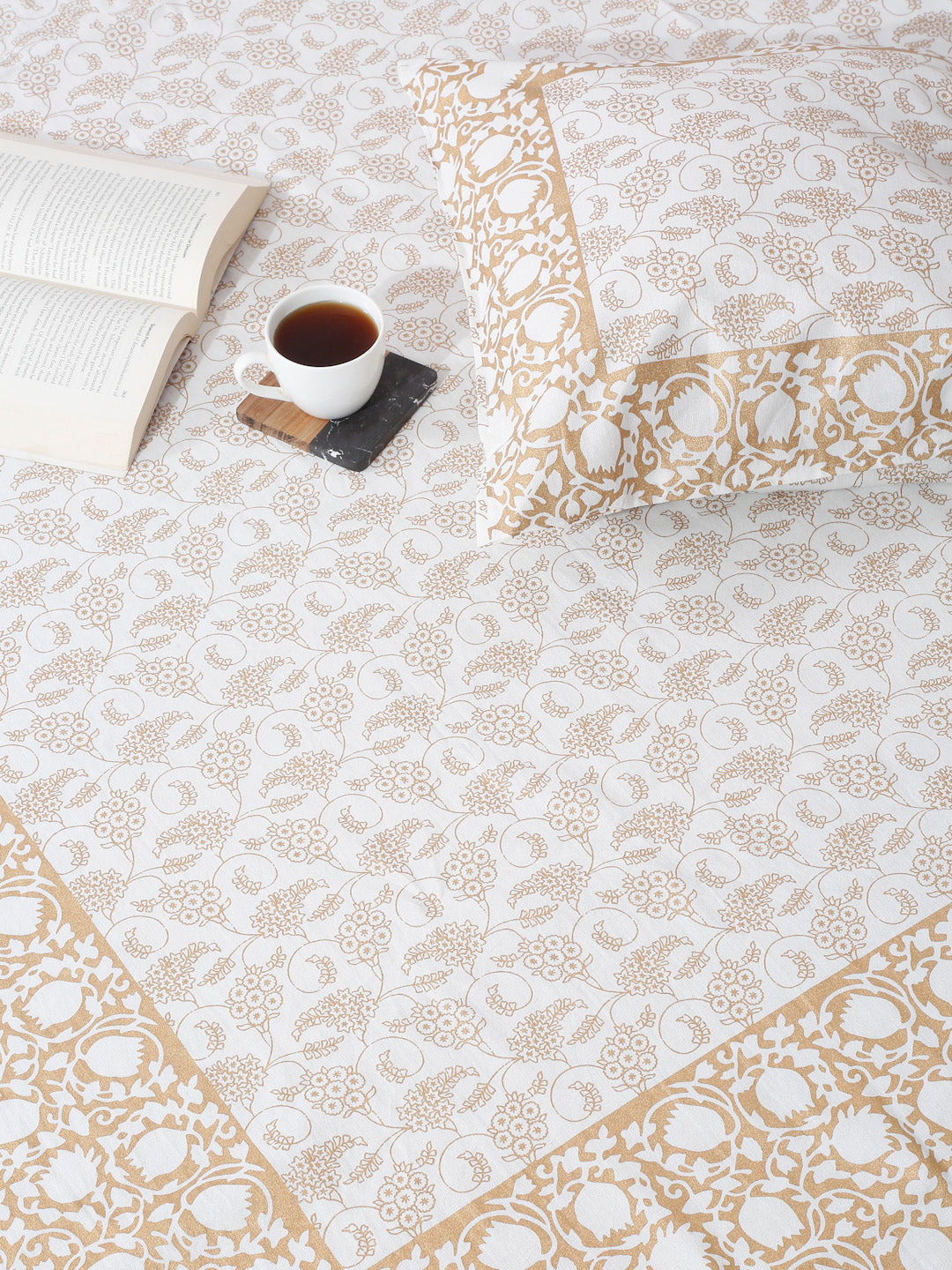 Rajasthan Decor White and Gold Cotton Floral Print King Bed sheet with 2 Pillow Covers