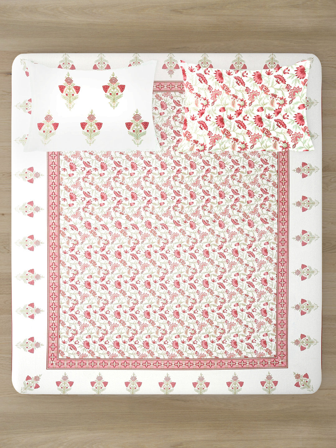 White and Pink Cotton Floral Print King Bed sheet with 2 Pillow Covers