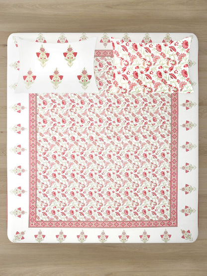 White and Pink Cotton Floral Print King Bed sheet with 2 Pillow Covers