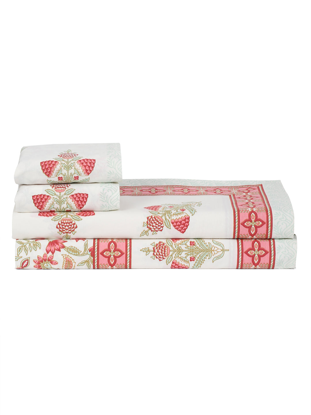 White and Pink Cotton Floral Print King Bed sheet with 2 Pillow Covers