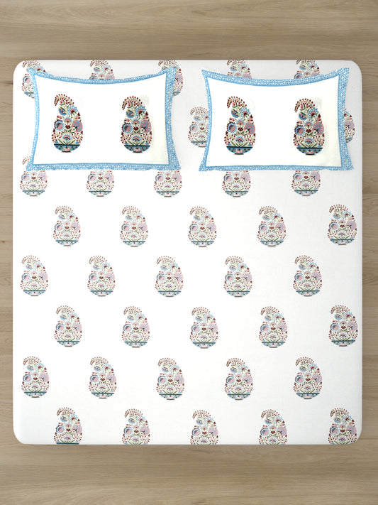 White Cotton Paisley Print King Bed sheet with 2 Pillow Covers