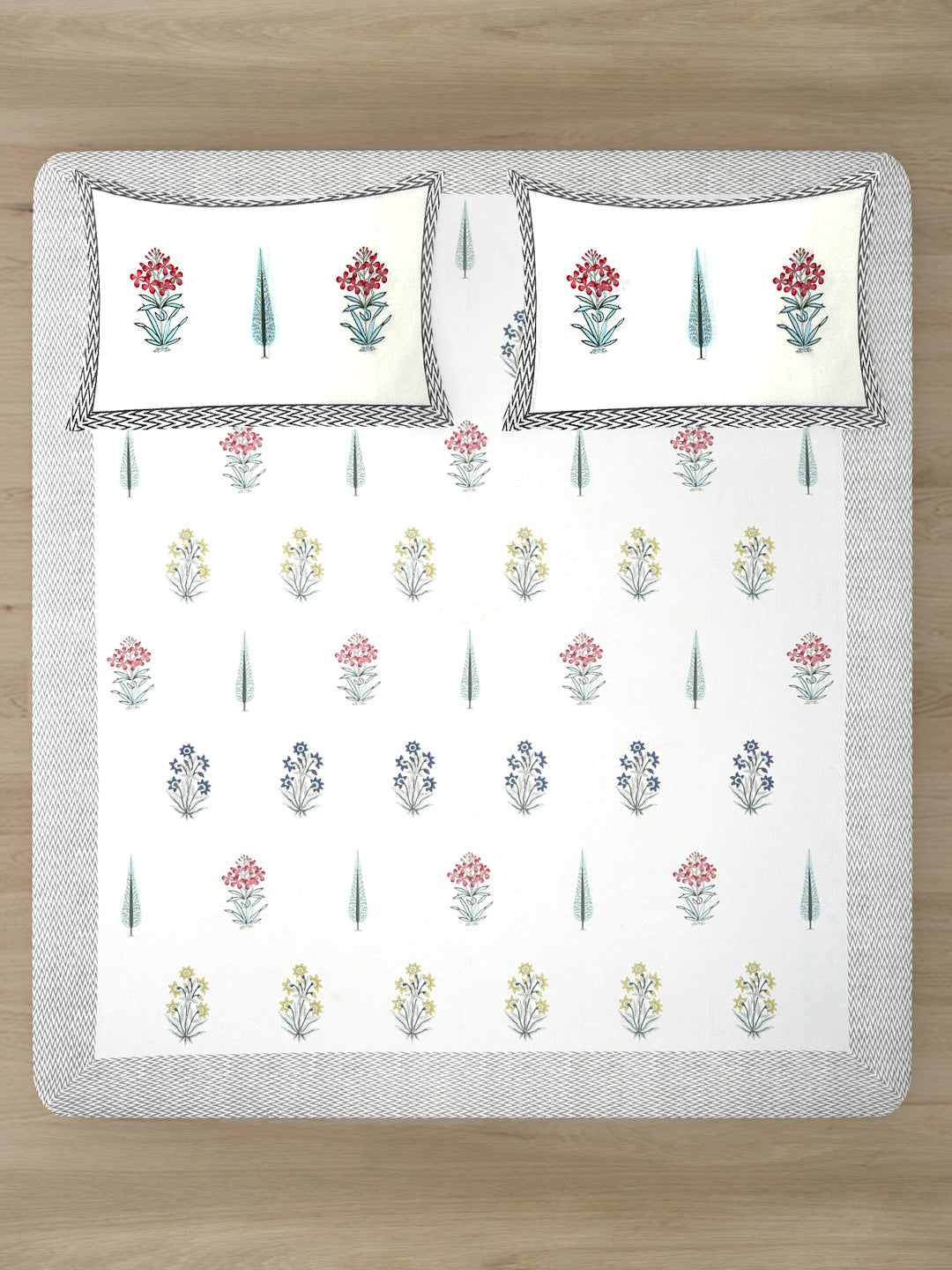 White Cotton Floral Print King Bed sheet with 2 Pillow Covers