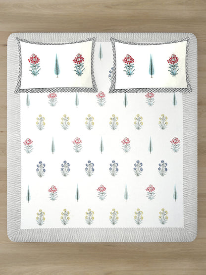 White Cotton Floral Print King Bed sheet with 2 Pillow Covers