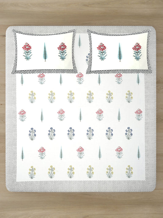 White Cotton Floral Print King Bed sheet with 2 Pillow Covers