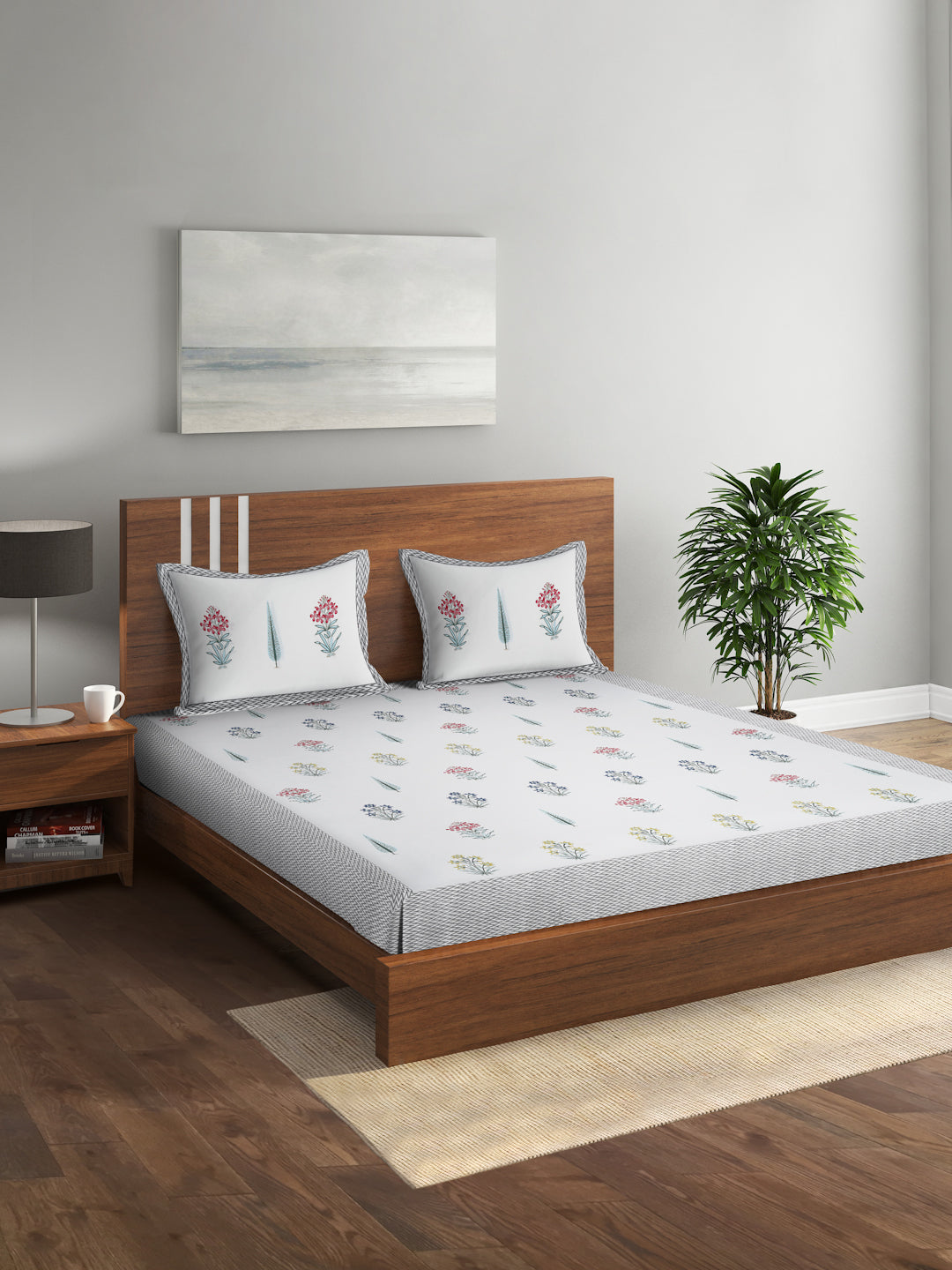 White Cotton Floral Print King Bed sheet with 2 Pillow Covers