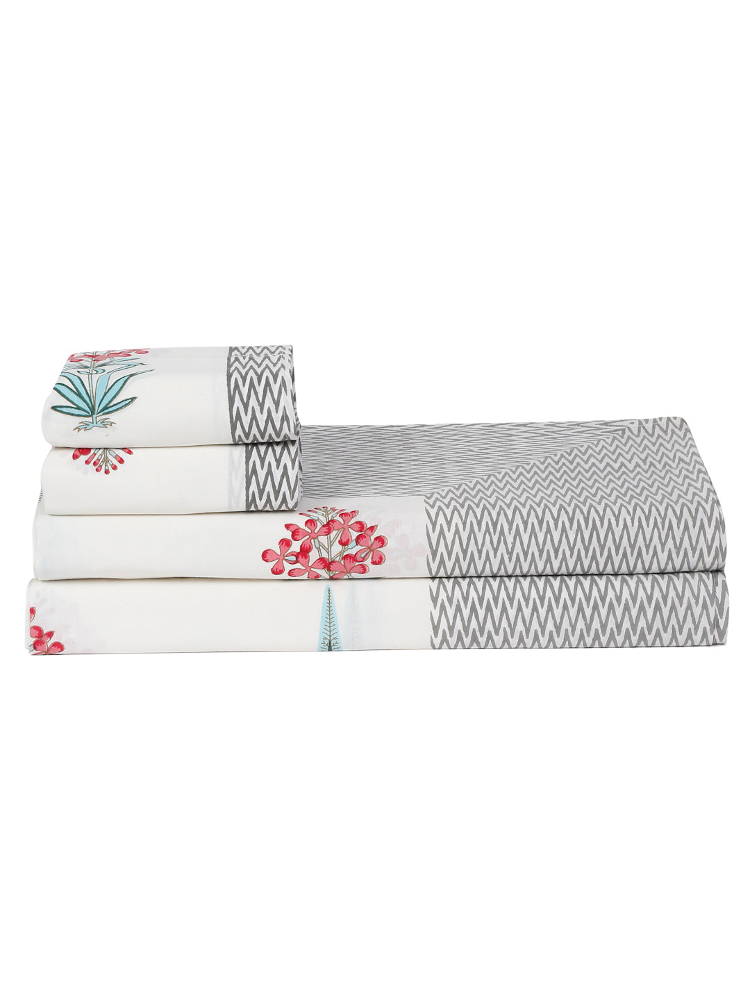 White Cotton Floral Print King Bed sheet with 2 Pillow Covers
