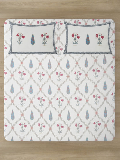 Rajasthan Decor White Cotton Floral Print Queen Bed sheet with 2 Pillow Covers