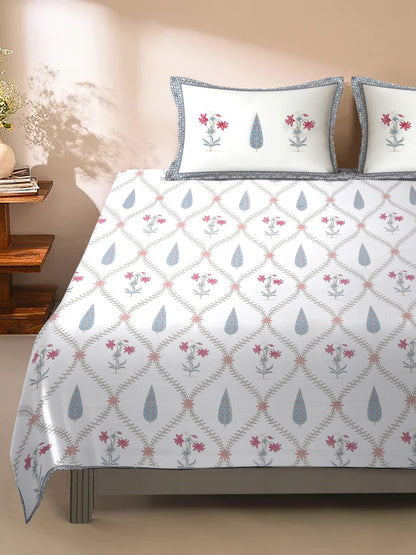Rajasthan Decor White Cotton Floral Print Queen Bed sheet with 2 Pillow Covers