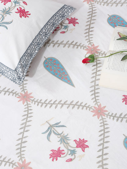 Rajasthan Decor White Cotton Floral Print Queen Bed sheet with 2 Pillow Covers