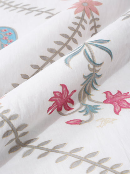 Rajasthan Decor White Cotton Floral Print Queen Bed sheet with 2 Pillow Covers