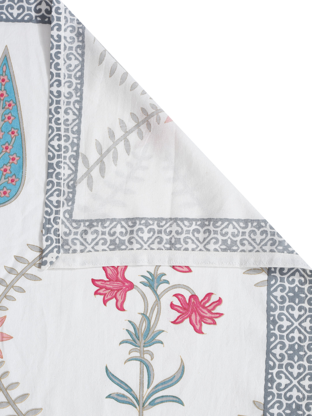 Rajasthan Decor White Cotton Floral Print Queen Bed sheet with 2 Pillow Covers