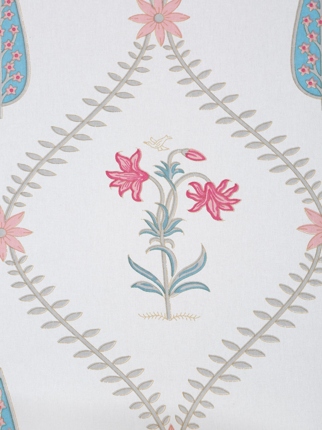 Rajasthan Decor White Cotton Floral Print Queen Bed sheet with 2 Pillow Covers