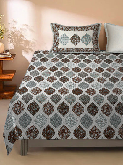 Multi Color Geometric Print Cotton King Size Bed sheet with 2 Pillow Covers