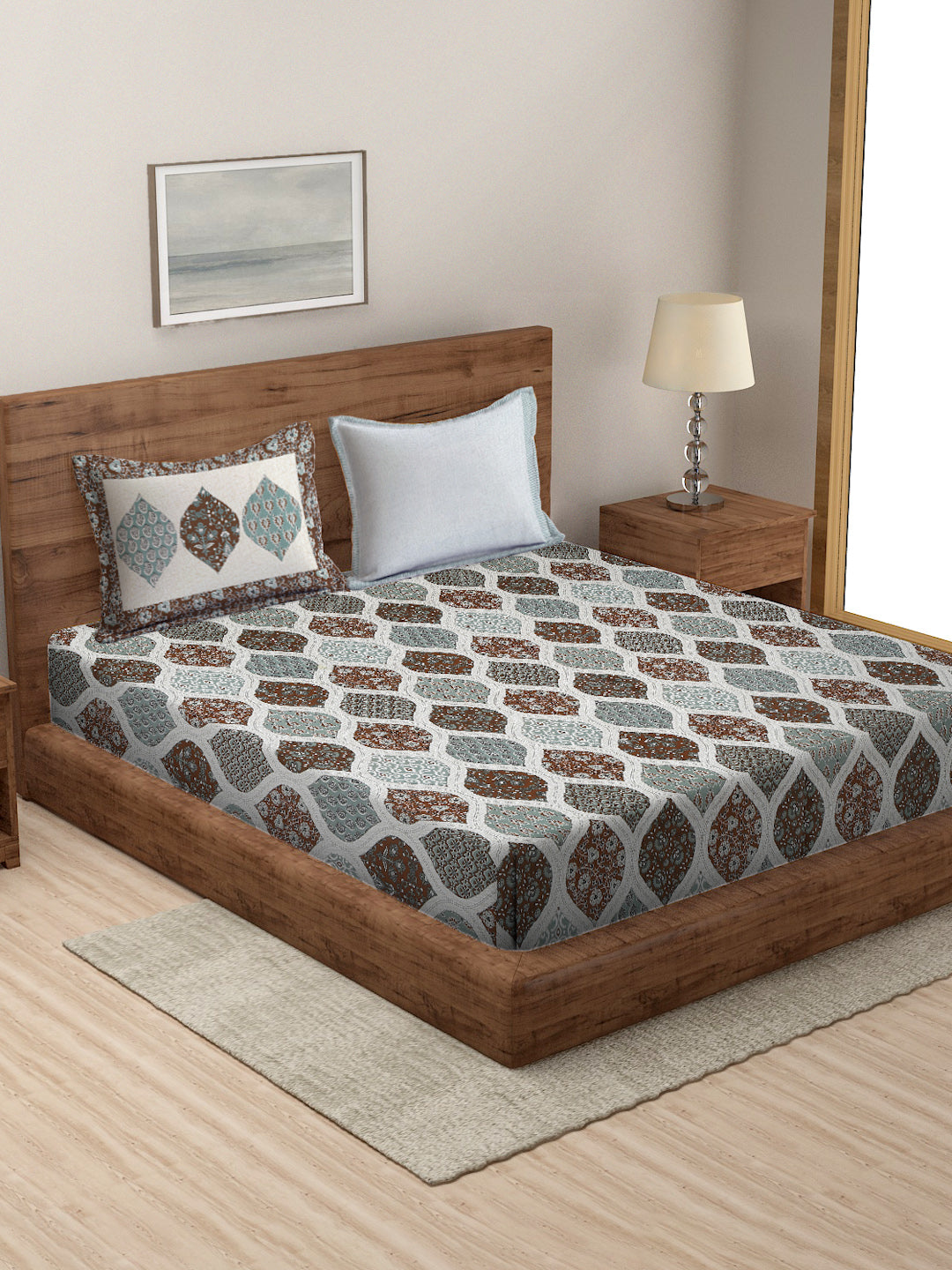 Multi Color Geometric Print Cotton King Size Bed sheet with 2 Pillow Covers