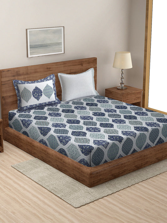 Blue Color Geometric Print Cotton King Size Bed sheet with 2 Pillow Covers