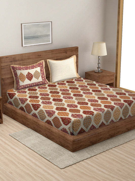 Rajasthan Decor Orange Color Geometric Print Cotton King Size Bed sheet with 2 Pillow Covers