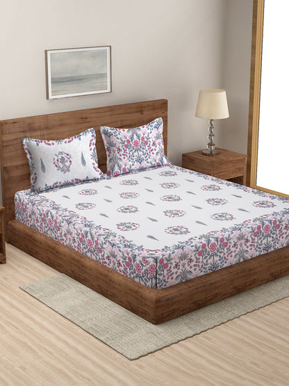 White Color Peach Floral Print Cotton King Size Bed sheet with 2 Pillow Covers
