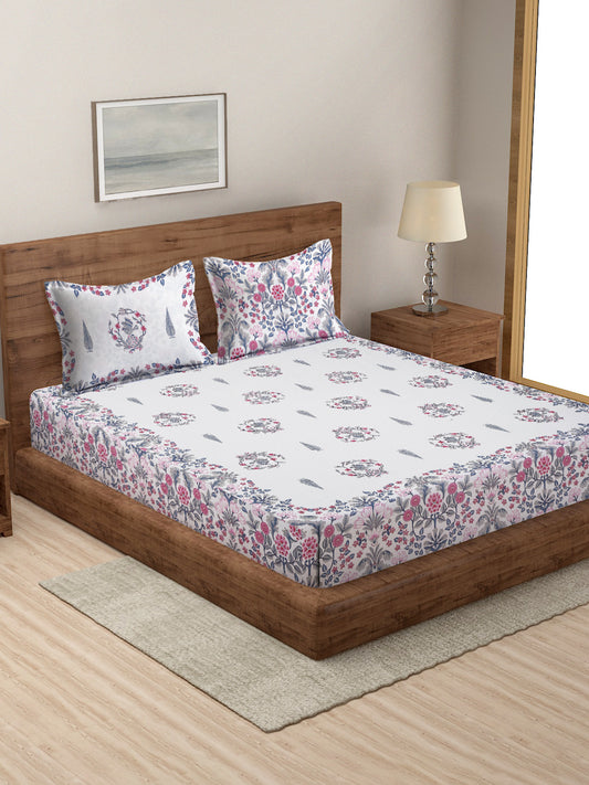 White Color Peach Floral Print Cotton King Size Bed sheet with 2 Pillow Covers