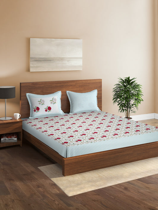 Floral Print Red Flower  Cotton King Size Bed sheet with 2 Pillow Covers