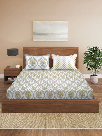 Floral Print White Cotton King Size Bed sheet with 2 Pillow Covers