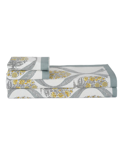 Floral Print White Cotton King Size Bed sheet with 2 Pillow Covers