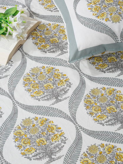 Floral Print White Cotton King Size Bed sheet with 2 Pillow Covers