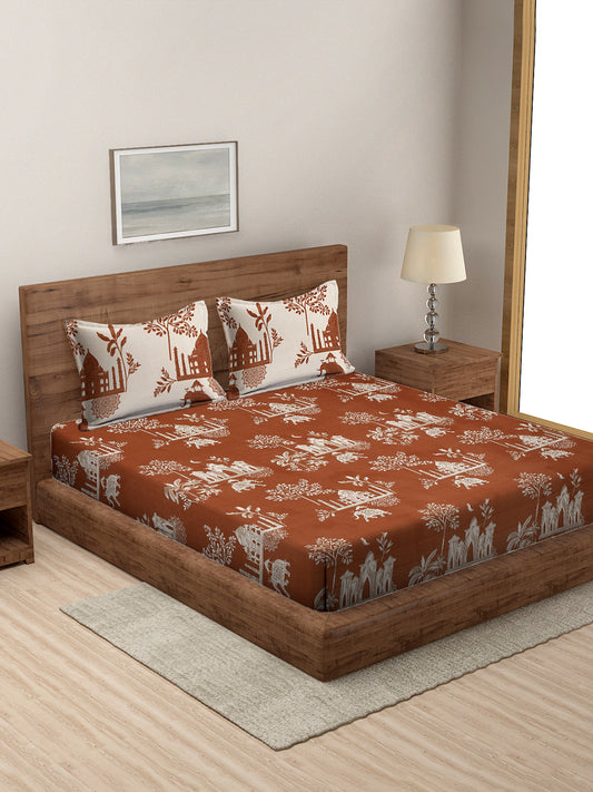 Floral Print Maroon Cotton King Size Bed sheet with 2 Pillow Covers