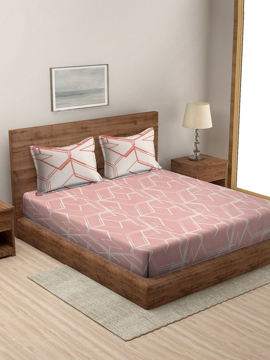 Peach Color Abstract Print Cotton King Size Bed sheet with 2 Pillow Covers