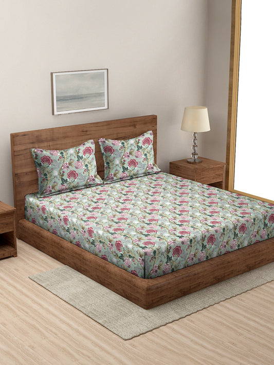 Pink Floral Print Green Color King Size Bed Sheet with 2 Pillow Covers