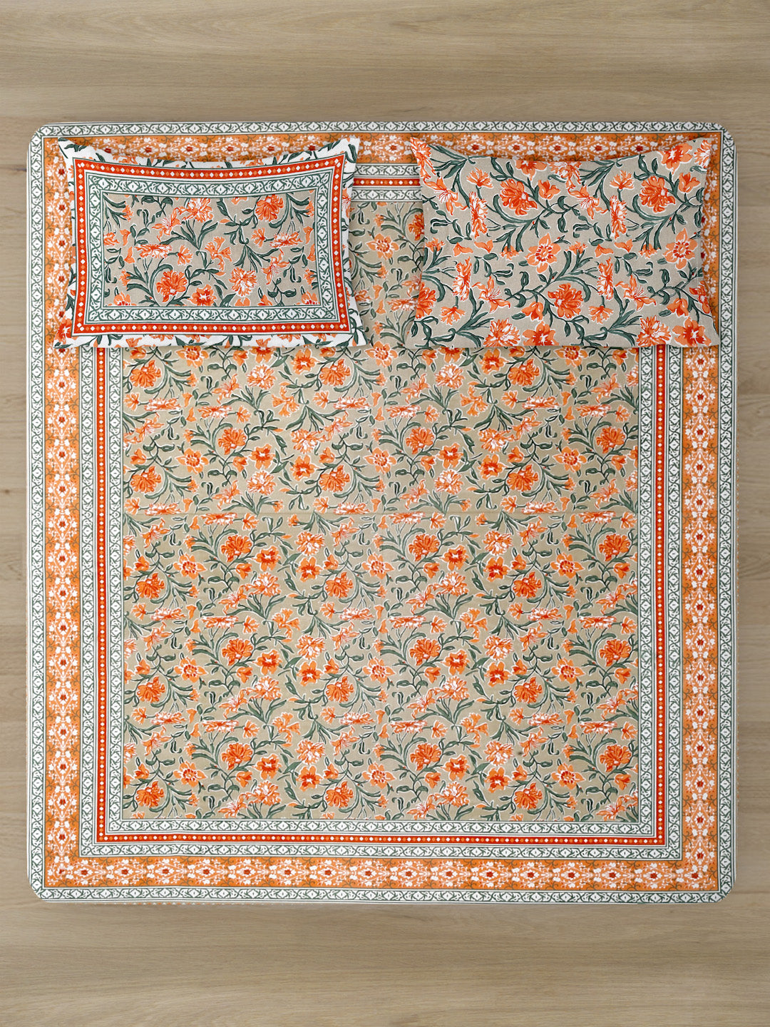 Floral Print Orange Color Cotton Double Bed Sheet with 2 Pillow Covers