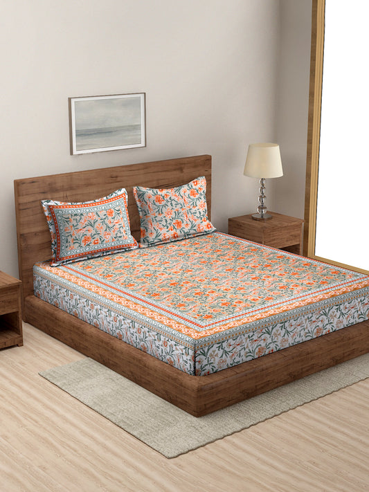 Floral Print Orange Color Cotton Double Bed Sheet with 2 Pillow Covers