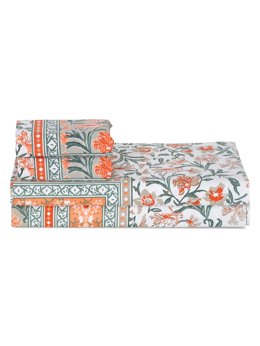 Floral Print Orange Color Cotton Double Bed Sheet with 2 Pillow Covers