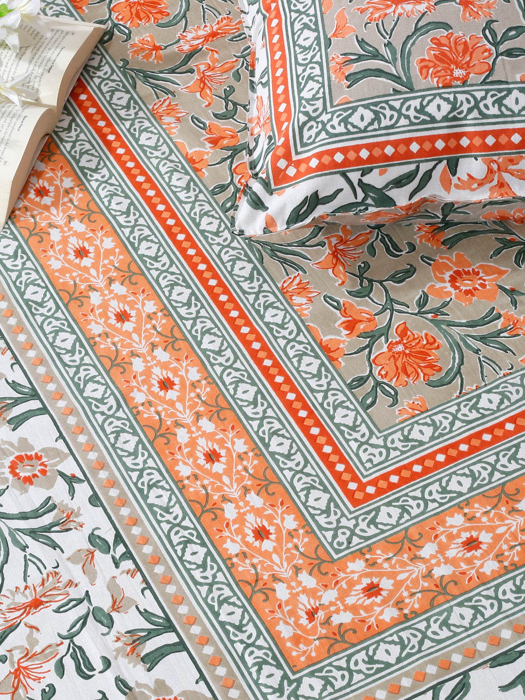 Floral Print Orange Color Cotton Double Bed Sheet with 2 Pillow Covers