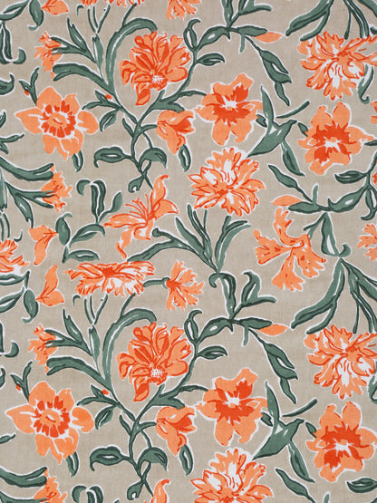 Floral Print Orange Color Cotton Double Bed Sheet with 2 Pillow Covers