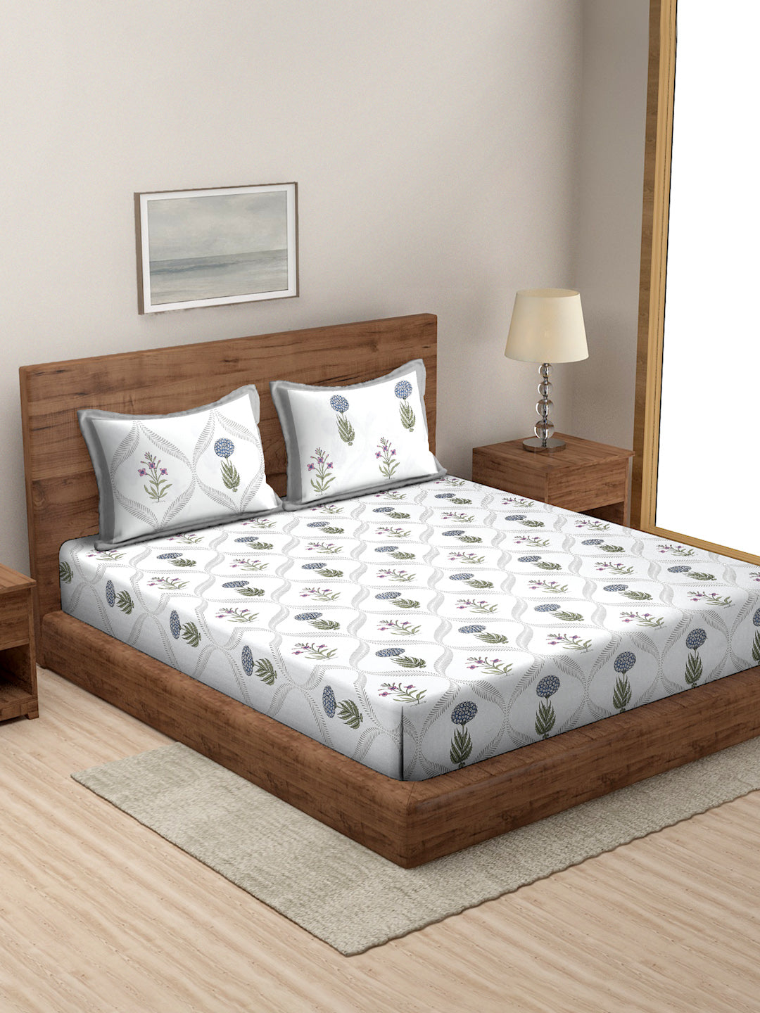 Rajasthan Decor Floral Print White and Green King Size Bed Sheet with 2 Pillow Covers