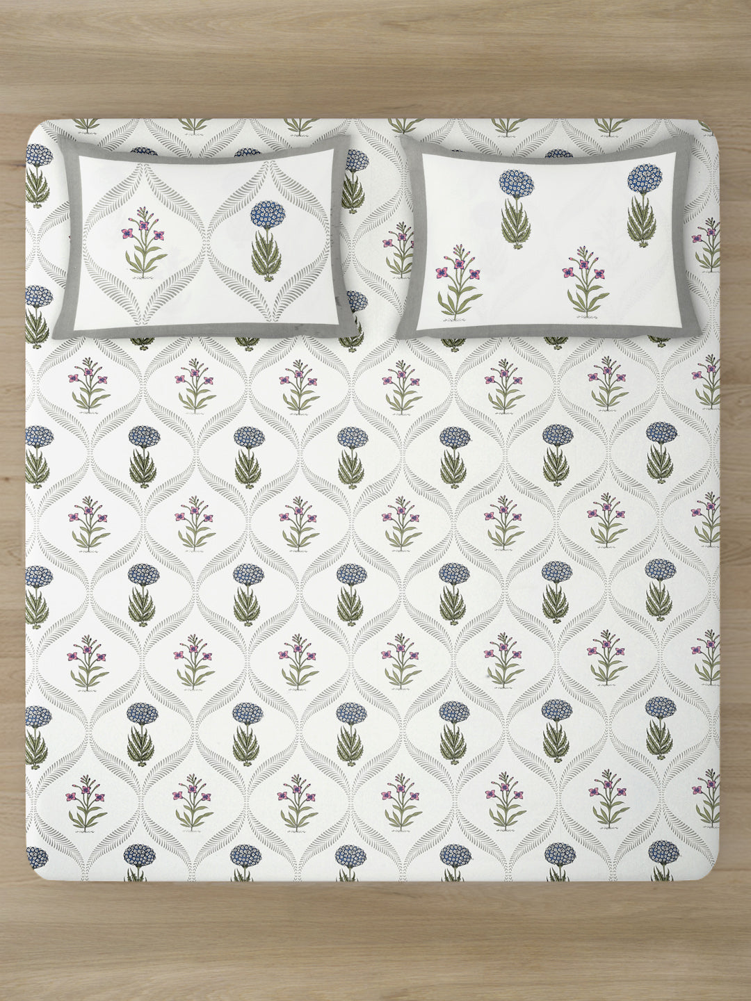 Rajasthan Decor Floral Print White and Green King Size Bed Sheet with 2 Pillow Covers